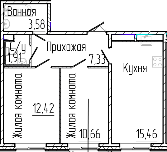 Планировка — SERTOLOVO PARK, 3-комн., 51 м²