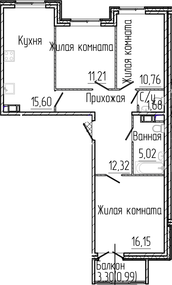 Планировка — SERTOLOVO PARK, 4-комн., 74 м²