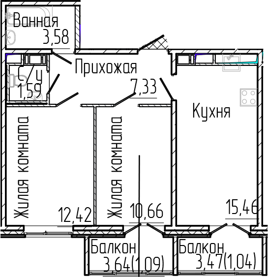Планировка — SERTOLOVO PARK, 3-комн., 51 м²