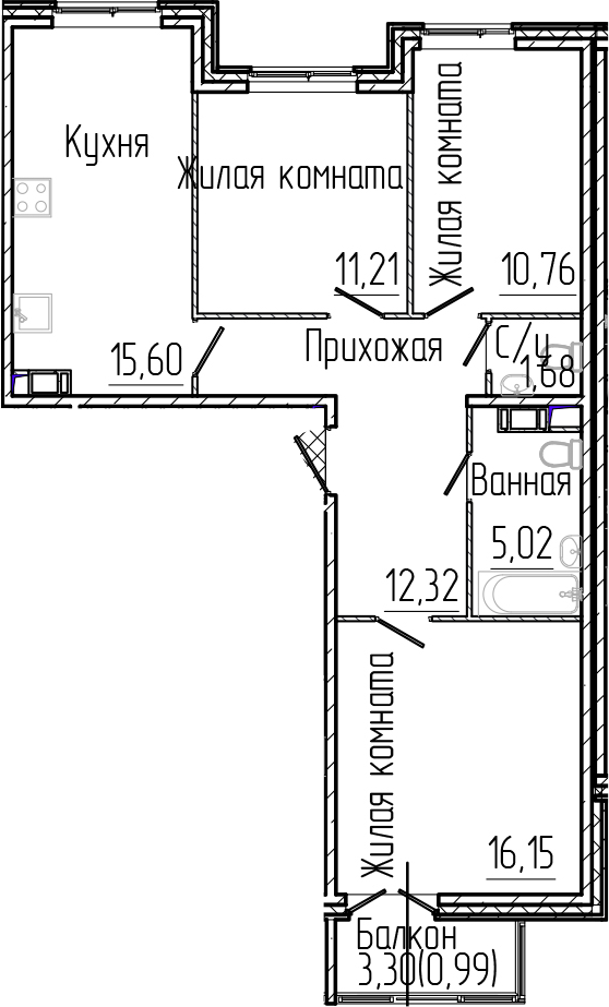 Планировка — SERTOLOVO PARK, 4-комн., 74 м²