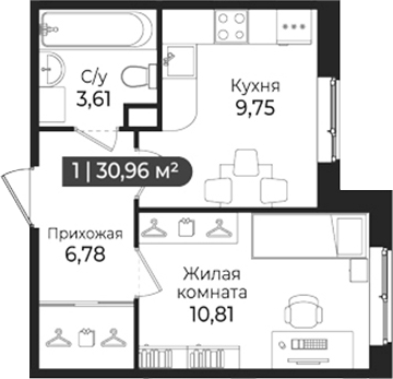 Планировка — SERTOLOVO PARK, 1-комн., 31 м²