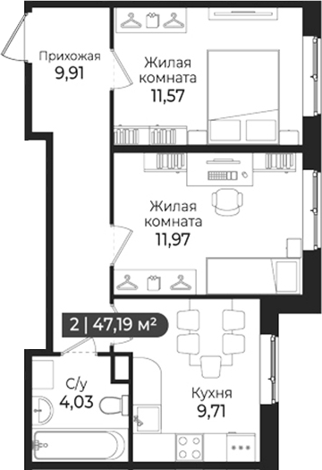 Планировка — SERTOLOVO PARK, 2-комн., 47 м²