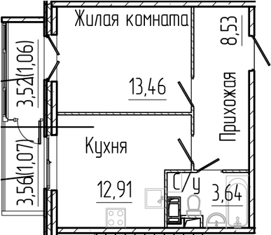 Планировка — SERTOLOVO PARK, 1-комн., 39 м²