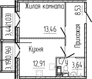 Планировка — SERTOLOVO PARK, 1-комн., 39 м²