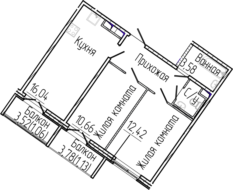 Планировка — SERTOLOVO PARK, 3-комн., 52 м²
