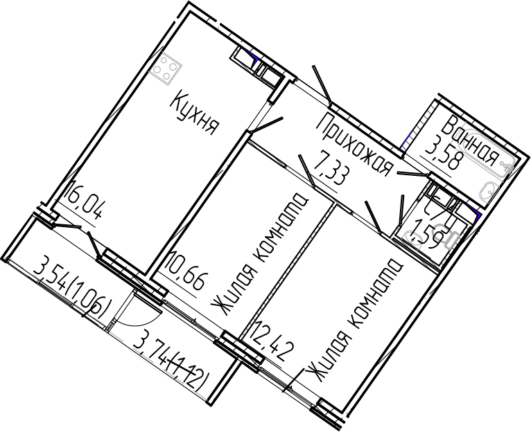 Планировка — SERTOLOVO PARK, 3-комн., 52 м²