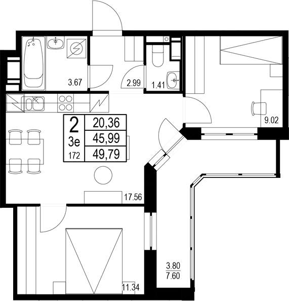 Планировка — ID Kudrovo II, 3-комн., 46 м²