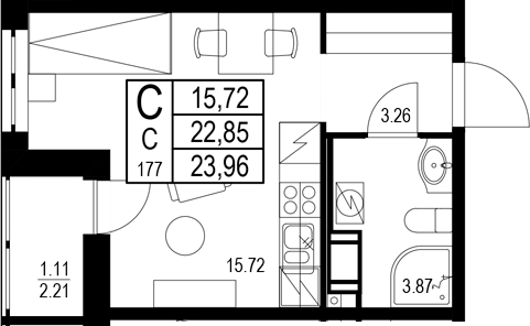 Планировка — ID Kudrovo II, Студия, 23 м²