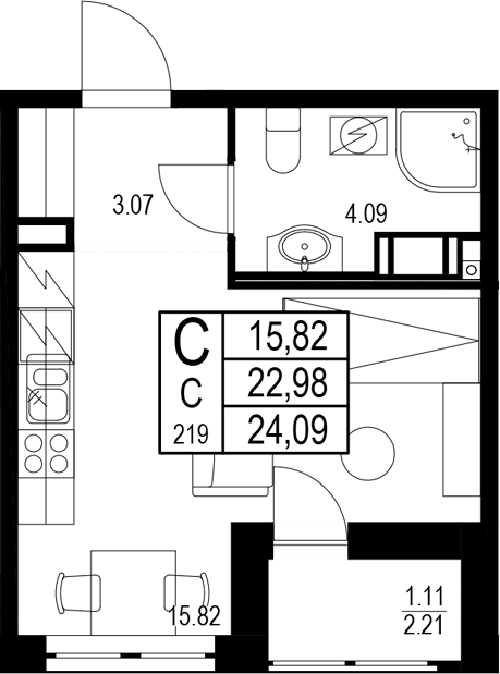 Планировка — ID Kudrovo II, Студия, 23 м²