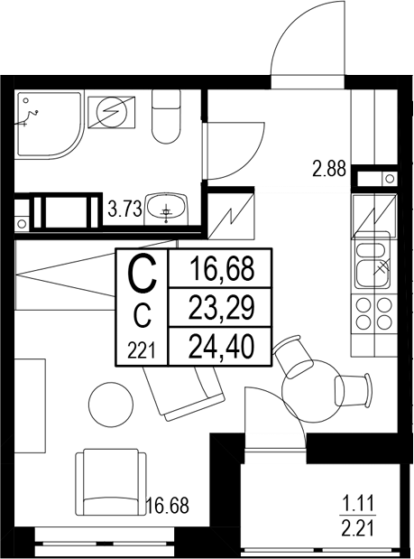 Планировка — ID Kudrovo II, Студия, 23 м²