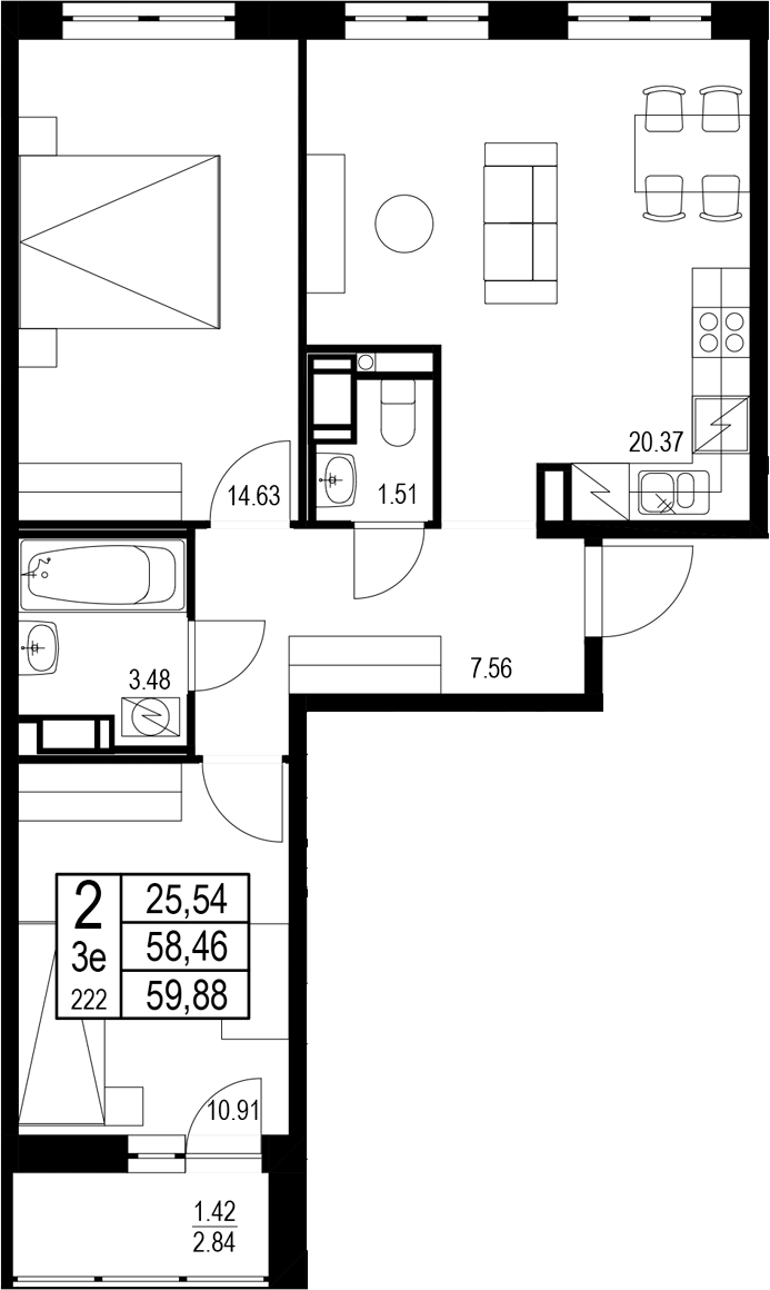 Планировка — ID Kudrovo II, 3-комн., 58 м²