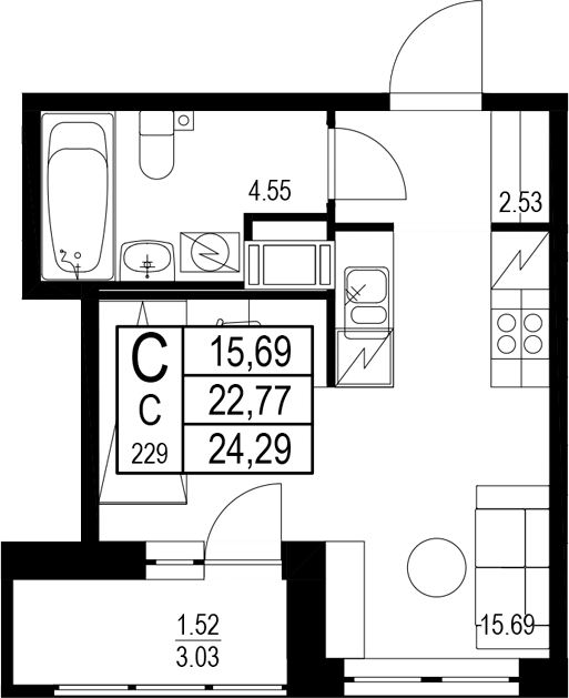 Планировка — ID Kudrovo II, Студия, 23 м²