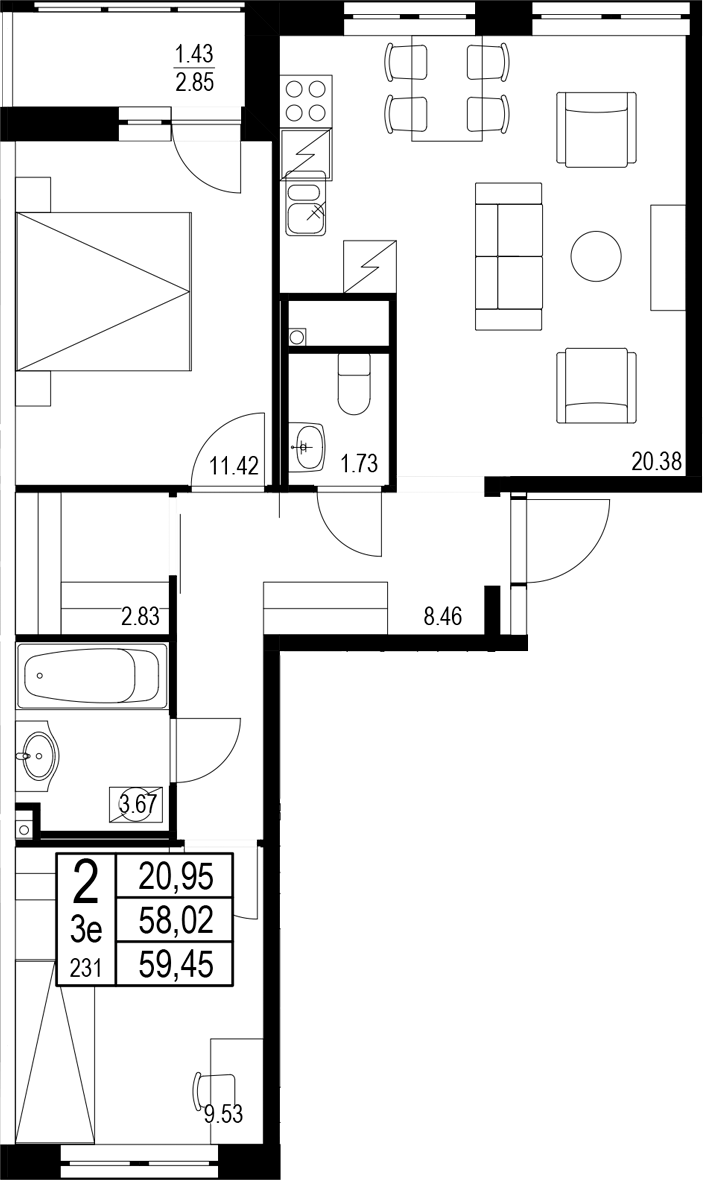 Планировка — ID Kudrovo II, 3-комн., 58 м²