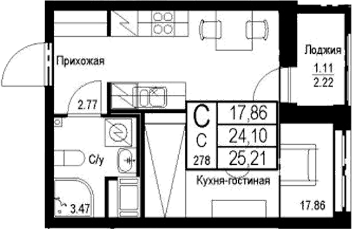 Планировка — ID Kudrovo II, Студия, 24 м²
