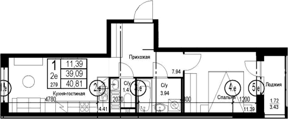 Планировка — ID Kudrovo II, 1-комн., 39 м²