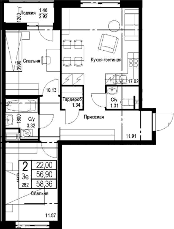 Планировка — ID Kudrovo II, 3-комн., 57 м²