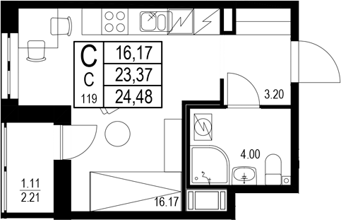 Планировка — ID Kudrovo II, Студия, 23 м²