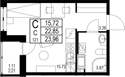 Планировка — ID Kudrovo II, Студия, 23 м²