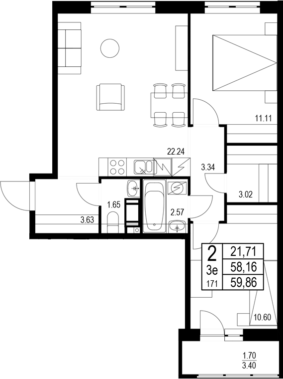 Планировка — ID Kudrovo II, 3-комн., 58 м²