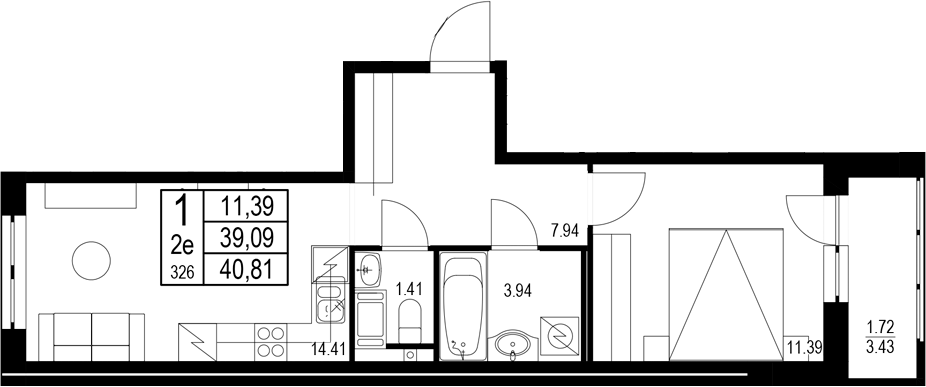 Планировка — ID Kudrovo II, 1-комн., 39 м²