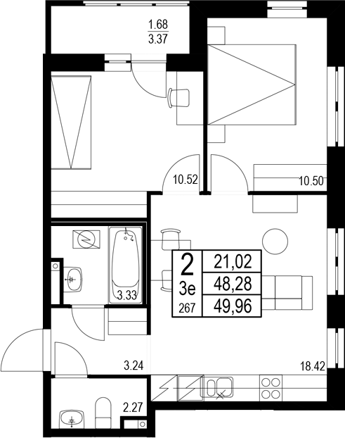 Планировка — ID Kudrovo II, 3-комн., 48 м²
