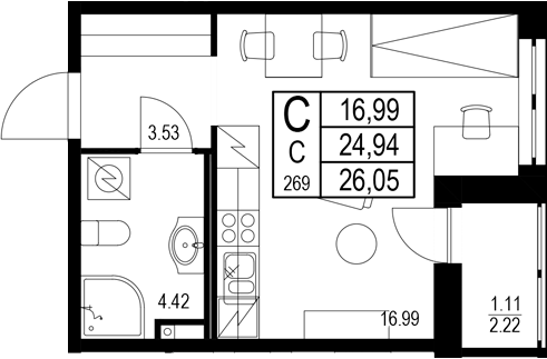 Планировка — ID Kudrovo II, Студия, 25 м²