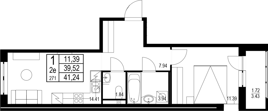 Планировка — ID Kudrovo II, 1-комн., 40 м²