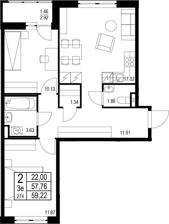 Планировка — ID Kudrovo II, 3-комн., 58 м²