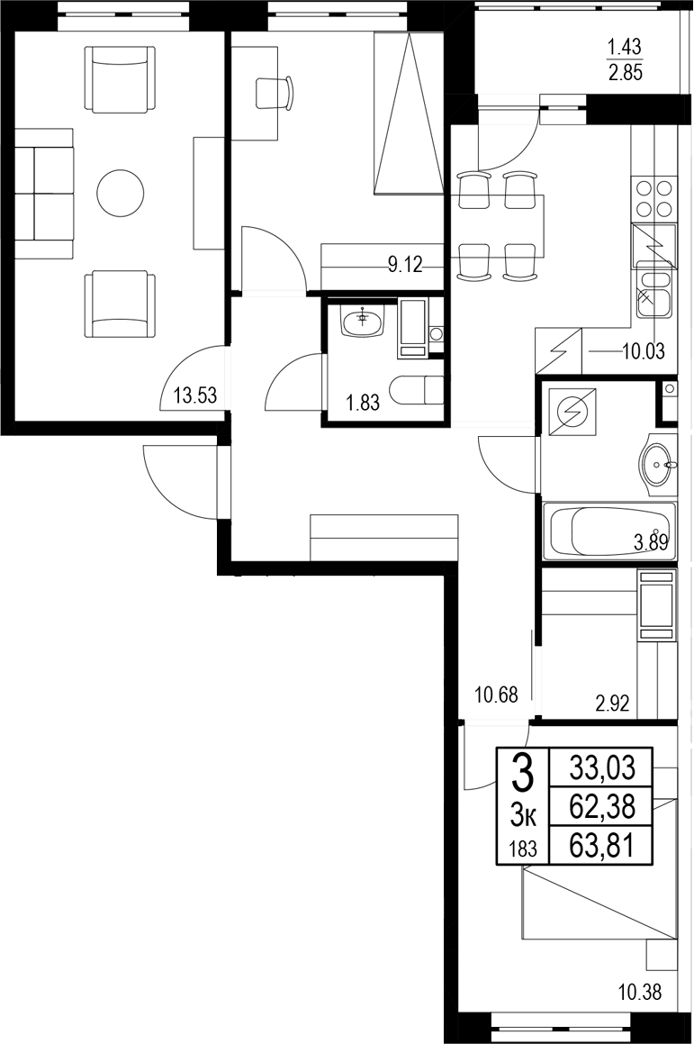 Планировка — ID Kudrovo II, 3-комн., 62 м²