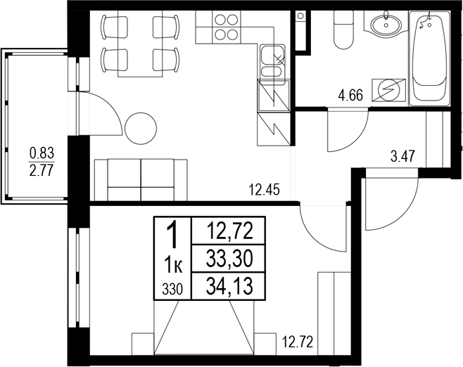 Планировка — ID Kudrovo II, 1-комн., 33 м²