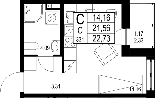 Планировка — ID Kudrovo II, Студия, 22 м²