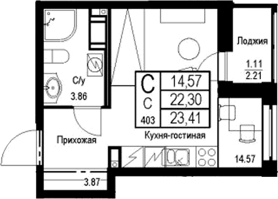 Планировка — ID Kudrovo II, Студия, 22 м²