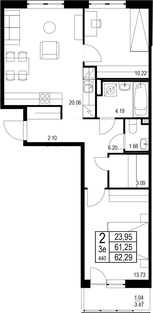 Планировка — ID Kudrovo II, 3-комн., 61 м²
