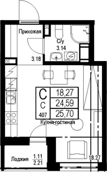 Планировка — ID Kudrovo II, Студия, 25 м²