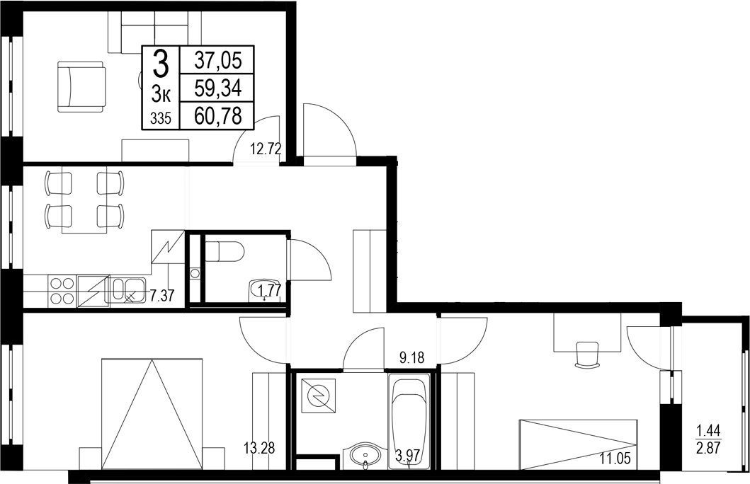 Планировка — ID Kudrovo II, 3-комн., 59 м²