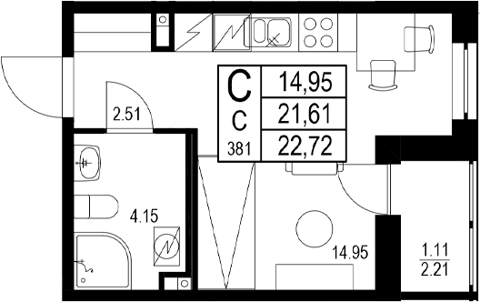 Планировка — ID Kudrovo II, Студия, 22 м²