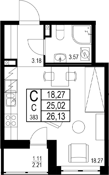 Планировка — ID Kudrovo II, Студия, 25 м²