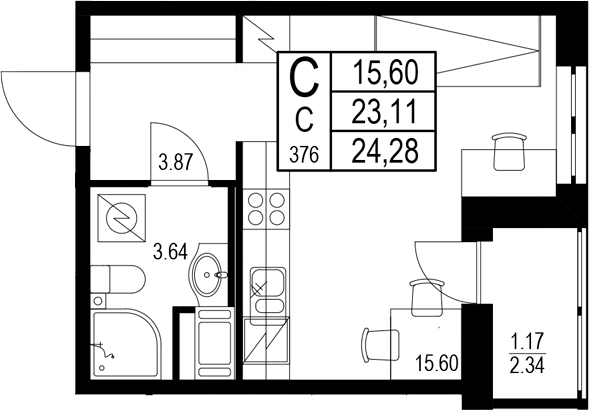 Планировка — ID Kudrovo II, Студия, 23 м²