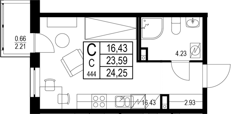 Планировка — ID Kudrovo II, Студия, 24 м²