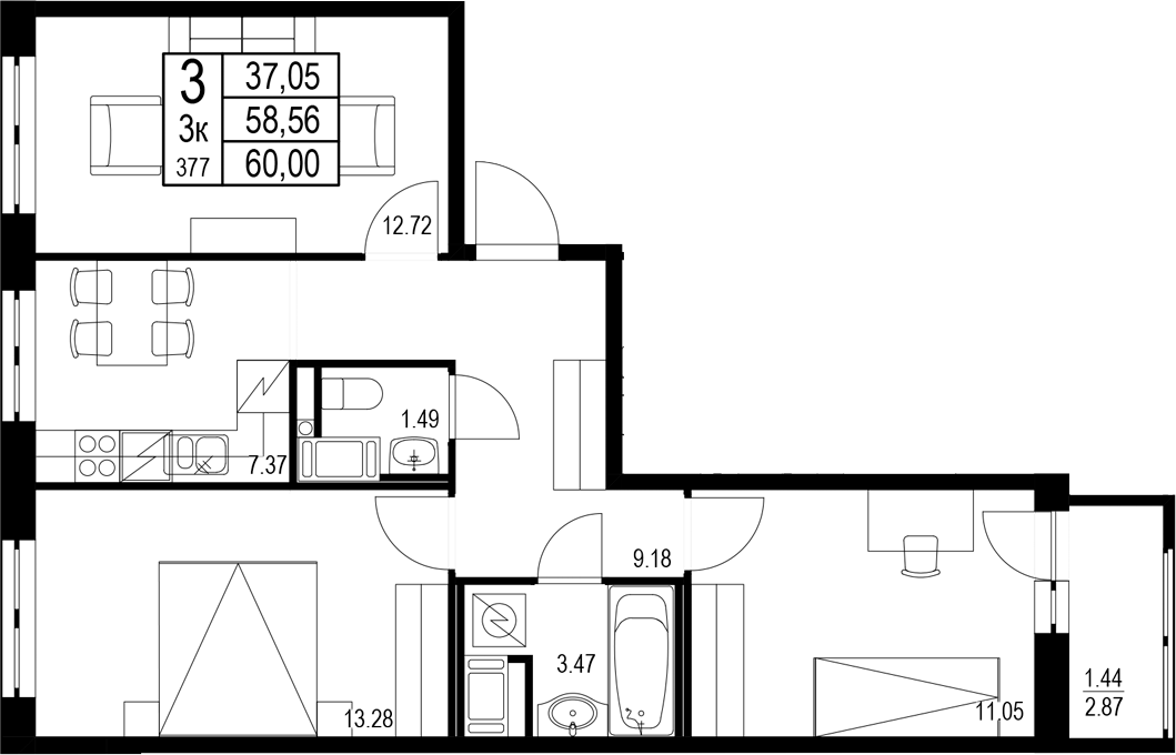 Планировка — ID Kudrovo II, 3-комн., 59 м²