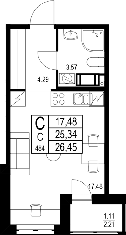 Планировка — ID Kudrovo II, Студия, 25 м²