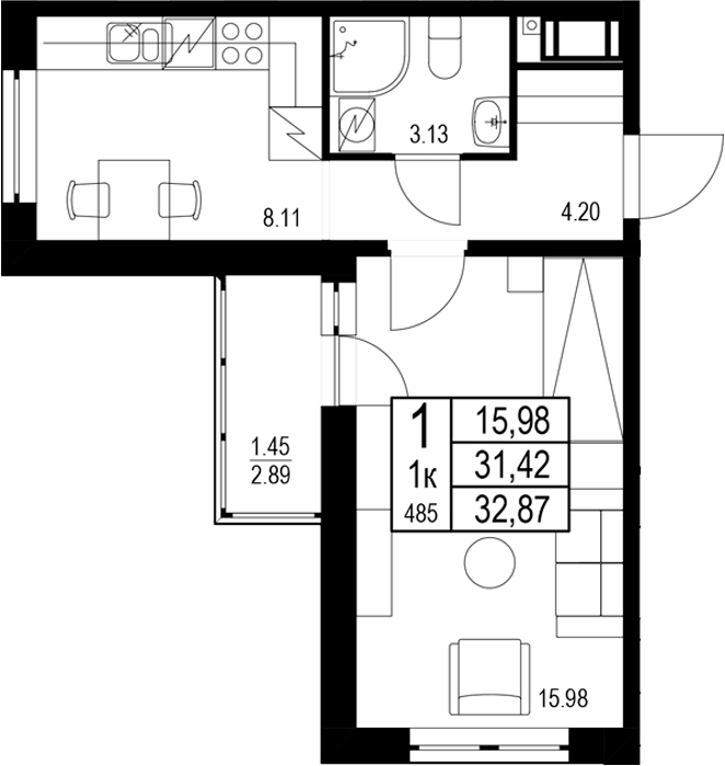 Планировка — ID Kudrovo II, 1-комн., 31 м²