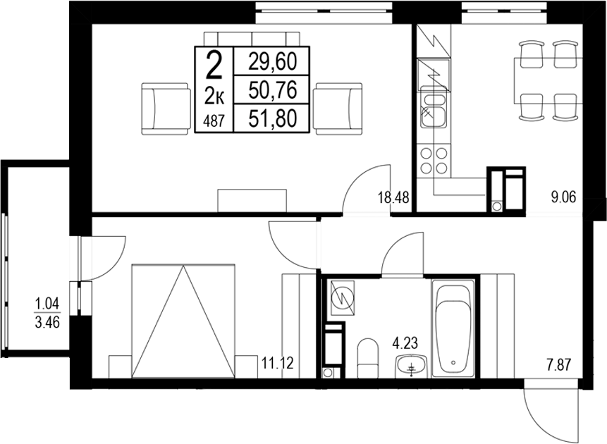 Планировка — ID Kudrovo II, 2-комн., 51 м²