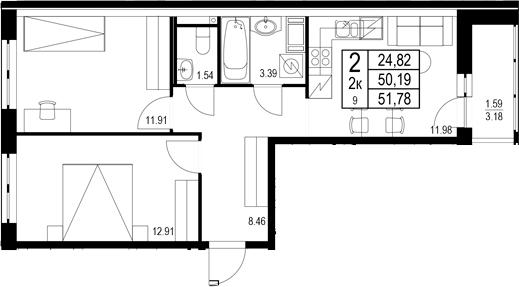 Планировка — ID Kudrovo II, 2-комн., 50 м²