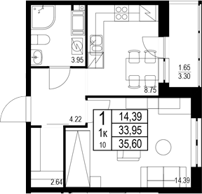 Планировка — ID Kudrovo II, 1-комн., 34 м²