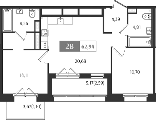 Планировка — Ranta Residence, 3-комн., 59 м²