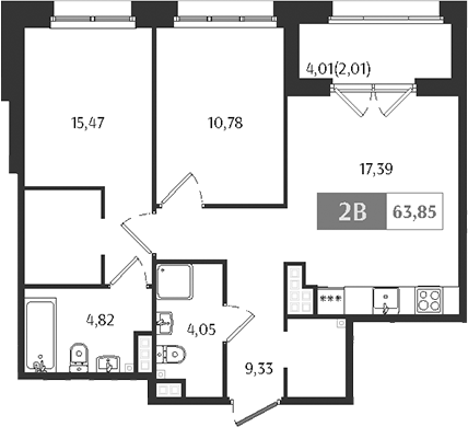 Планировка — Ranta Residence, 3-комн., 62 м²