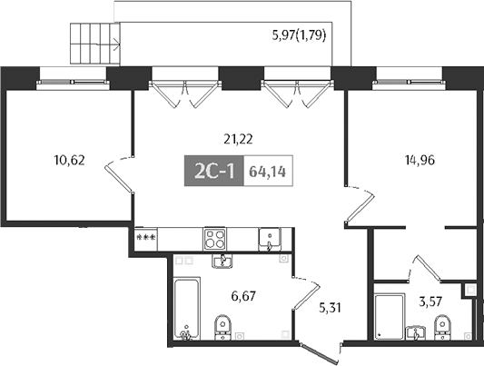 Планировка — Ranta Residence, 3-комн., 62 м²