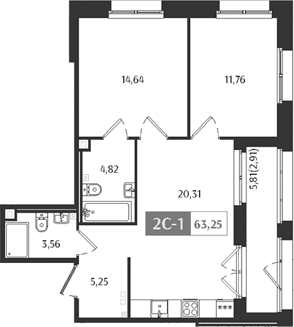 Планировка — Ranta Residence, 3-комн., 60 м²