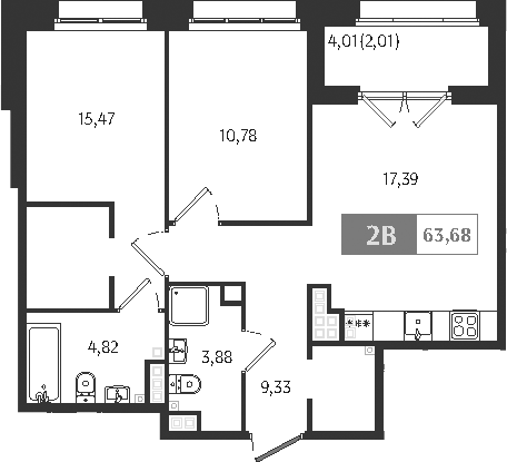 Планировка — Ranta Residence, 3-комн., 62 м²
